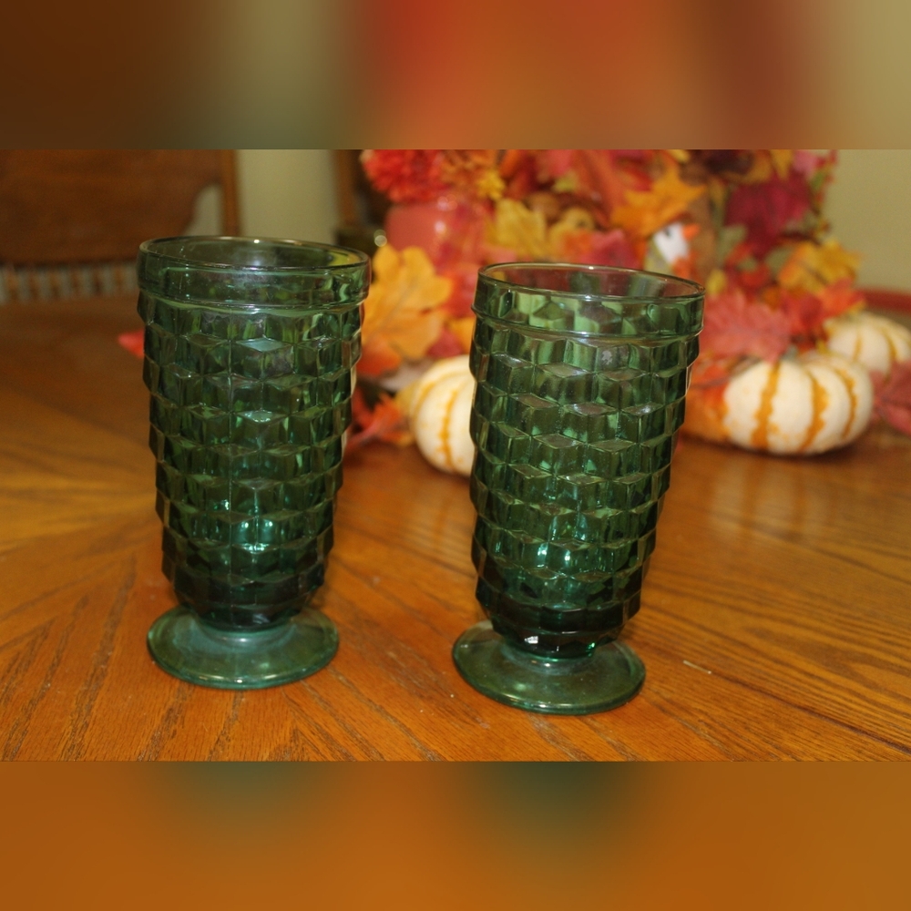 2 Vintage Indiana Glass Whitehall Colony Cubist Teal Footed Tumblers